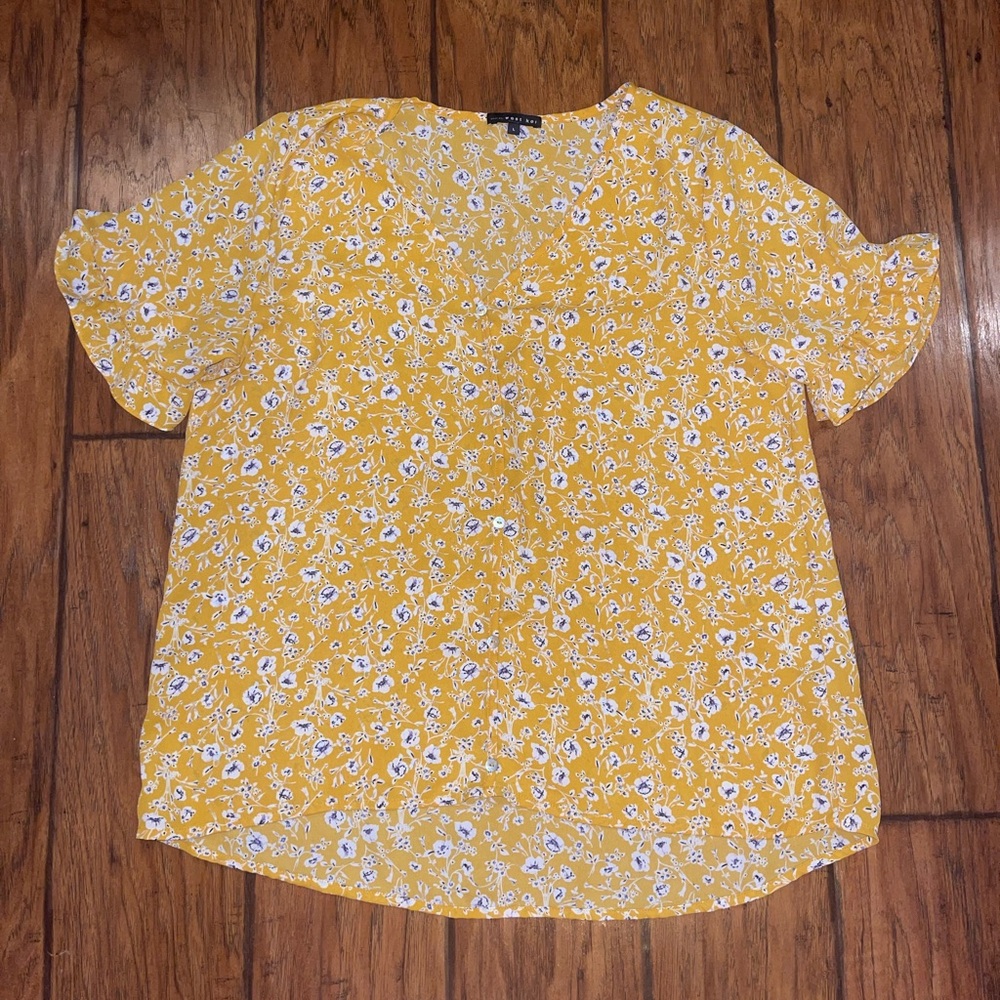 West Kei Yellow Floral Blouse button up short sleeve top shirt woman’s Large - Picture 6 of 9